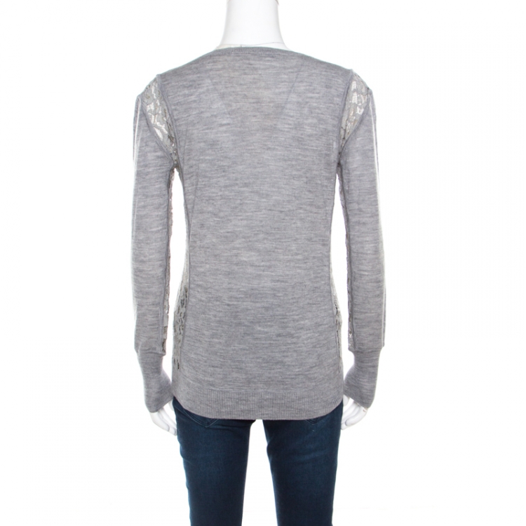 Pre Owned Diane Von Furstenberg Grey Floral Lace Side Panel Insert Sweater M