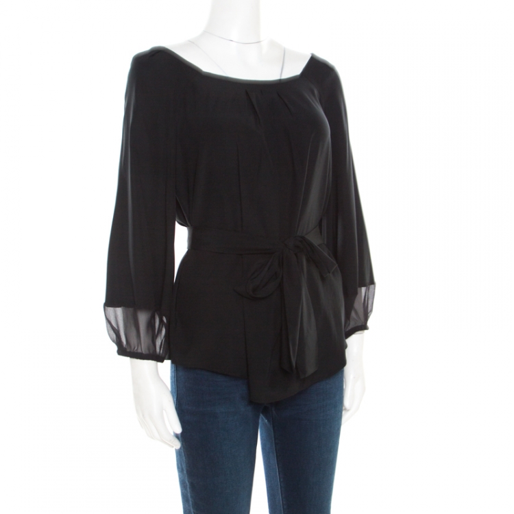 Pre Owned Diane Von Furstenberg Black Long Sleeve Waist Tie Detail Blouse M