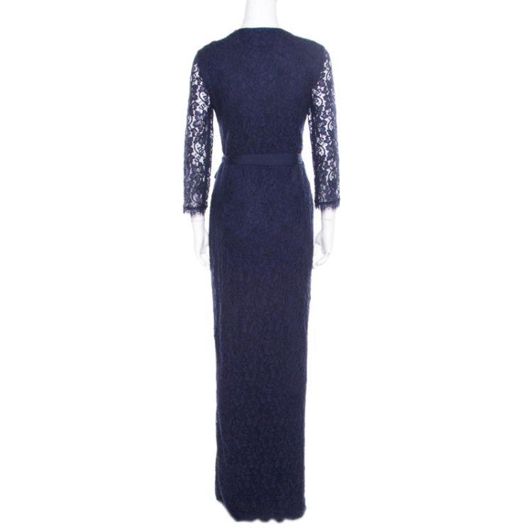 مملوكة مسبقًا Diane von Furstenberg Navy Blue Floral Lace Julianna Wrap Maxi Dress M