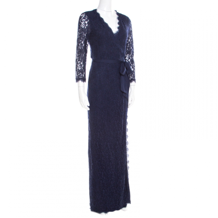 Diane von Furstenberg Navy Blue Floral Lace Julianna Wrap Maxi Dress M ...