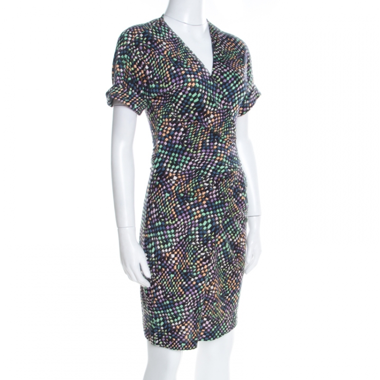 Pre Owned Diane Von Furstenberg Black Geometric Print Silk Jersey Arely Wrap Dress S
