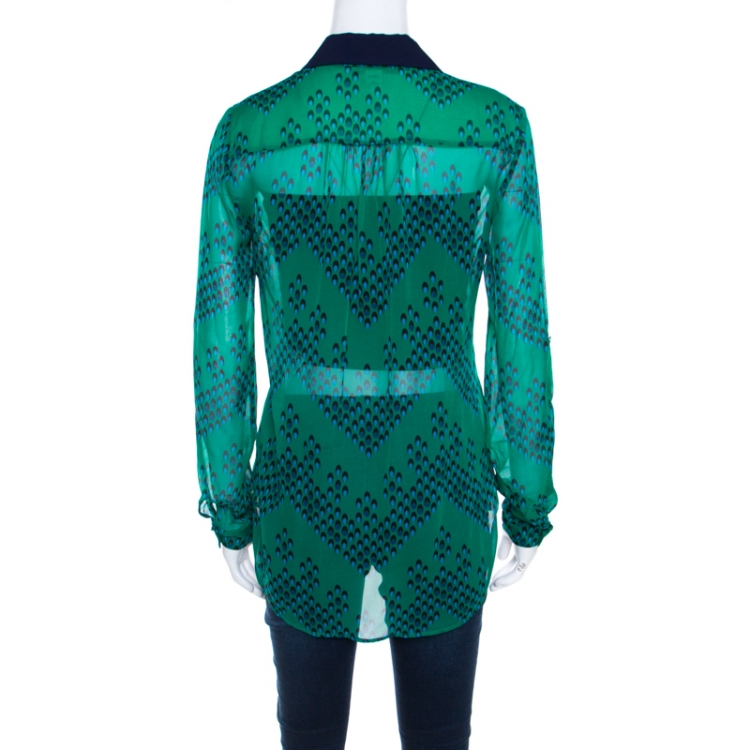 Pre Owned Diane von Furstenberg Green Chevron Spot Printed Silk Georgette Lorelei Two Blouse S