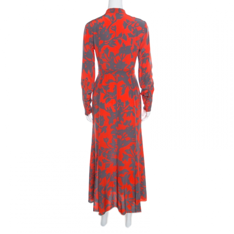 Pre Owned Diane Von Furstenberg Orange and Grey Brulon Graphic Printed Silk Maxi Dress S
