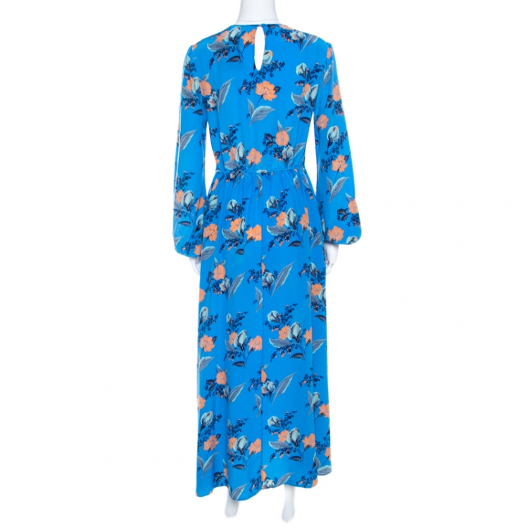 مملوكة مسبقًا Diane Von Furstenberg Blue Silk Mandarin Floral Print Maxi Dress S 