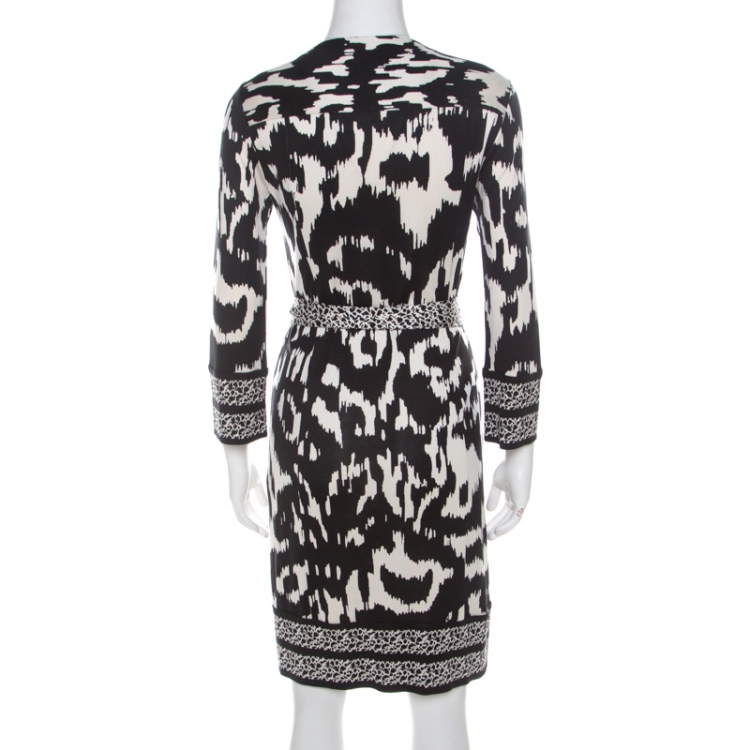 مملوكة مسبقًا Diane Von Furstenberg Monochrome Printed Silk Jersey Tallulah Wrap Dress L 