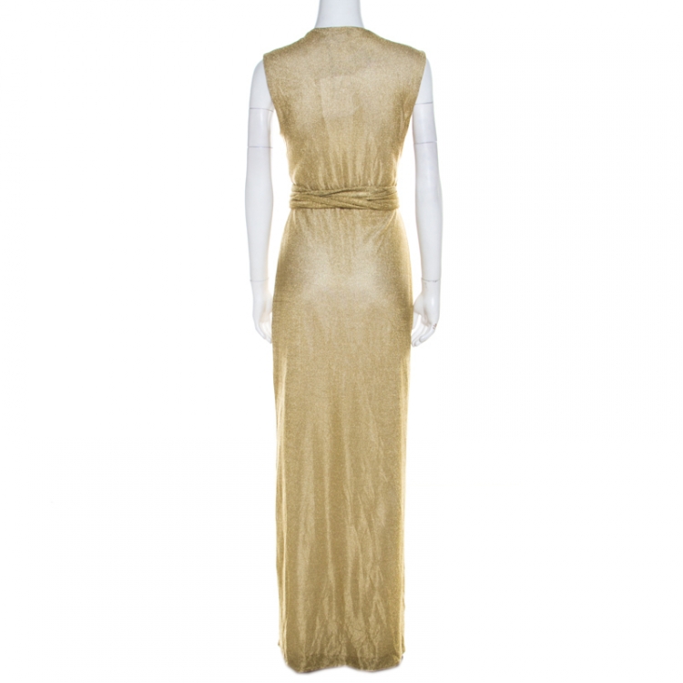 Pre Owned Diane Von Furstenberg Metallic Gold Knit Sleeveless Maxi Wrap Dress M 