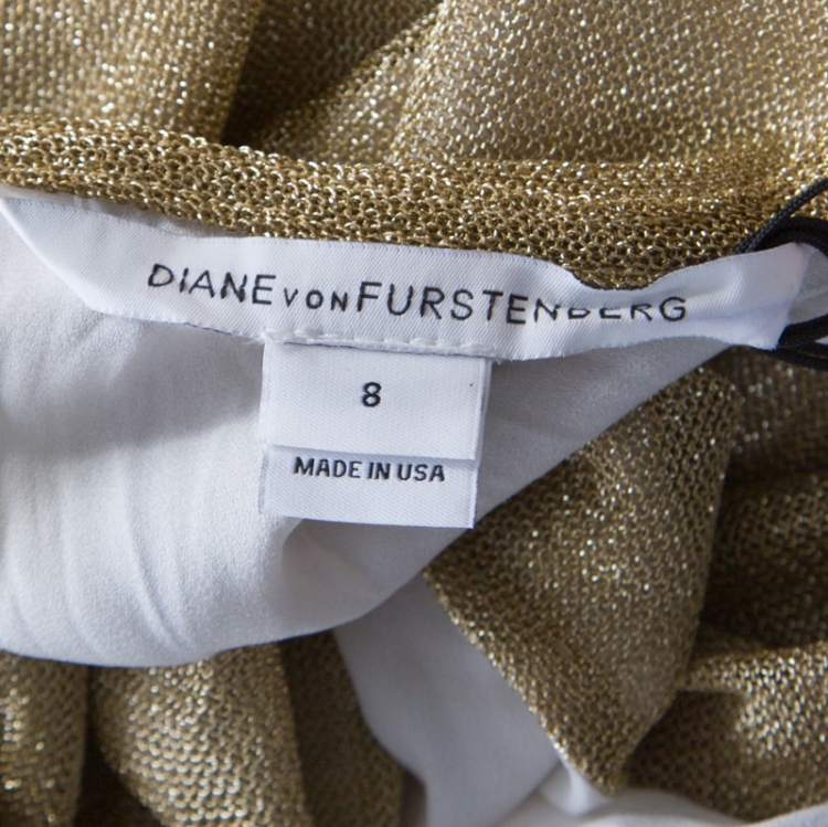 Pre Owned Diane Von Furstenberg Metallic Gold Knit Sleeveless Maxi Wrap Dress M 