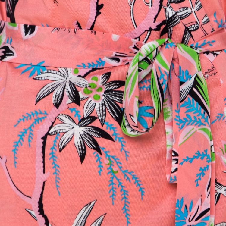 Pre Owned Diane von Furstenberg Coral Pink Flora and Fauna Print Silk Wrap Dress L