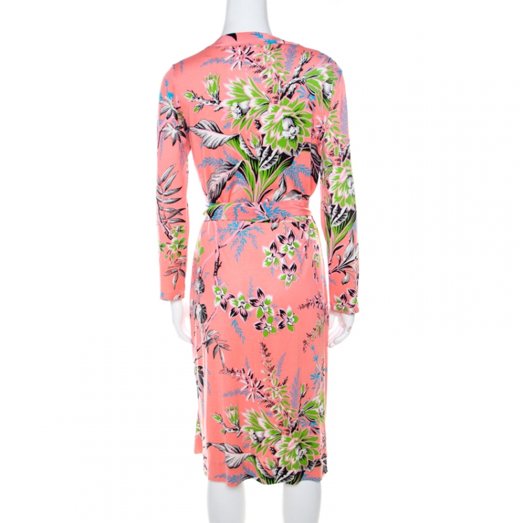 Pre Owned Diane von Furstenberg Coral Pink Flora and Fauna Print Silk Wrap Dress L