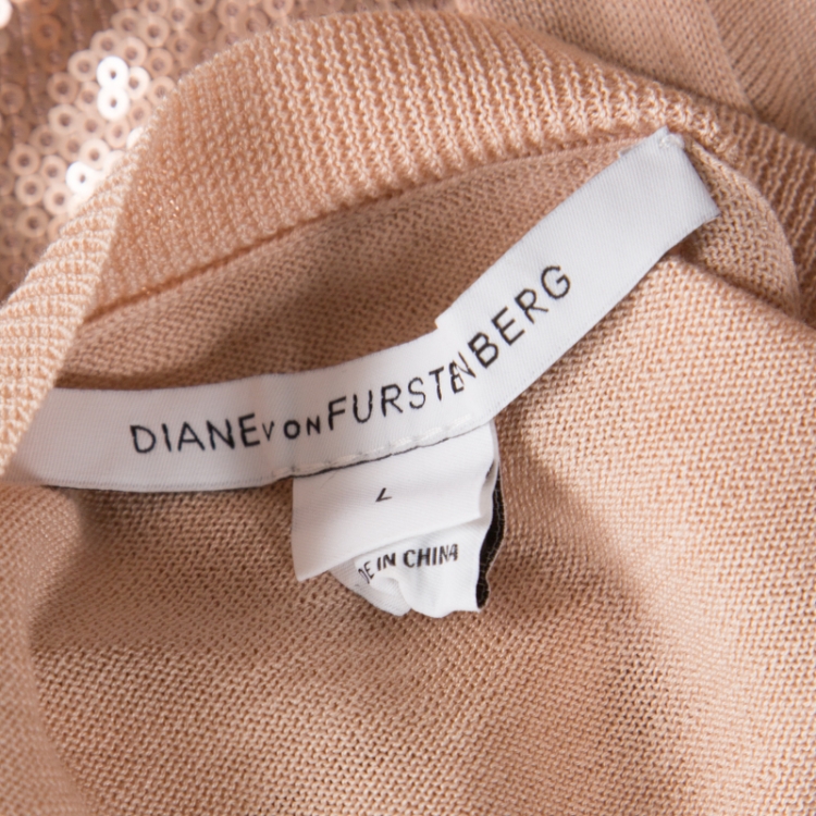 مملوكة مسبقًا Diane Von Furstenberg Blush Pink Sequinned Silk Full Sleeve Blend Jersey Top L