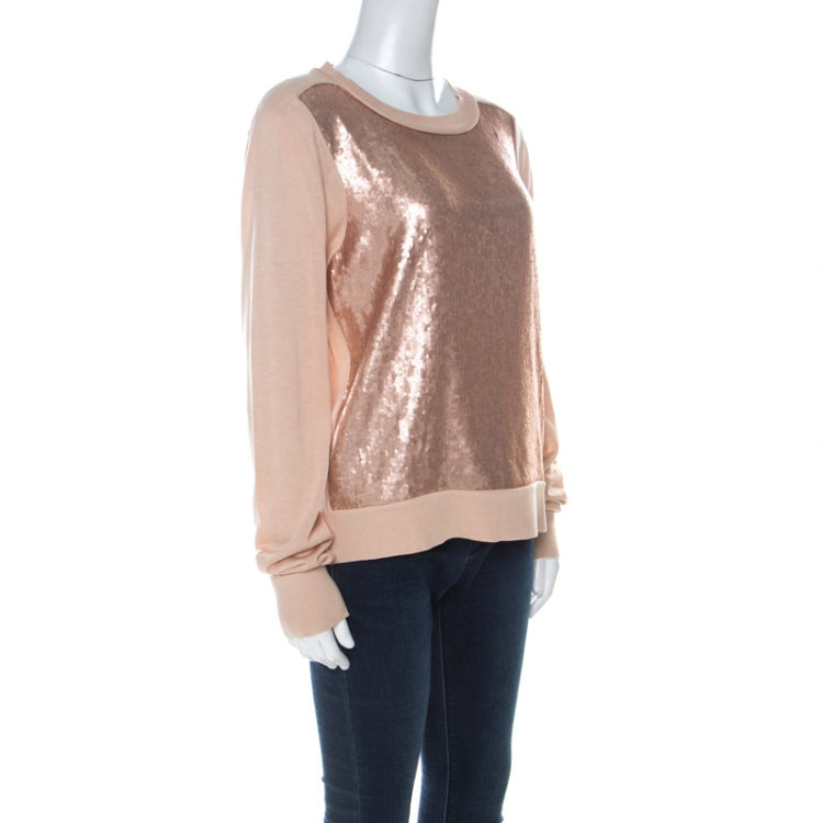 مملوكة مسبقًا Diane Von Furstenberg Blush Pink Sequinned Silk Full Sleeve Blend Jersey Top L