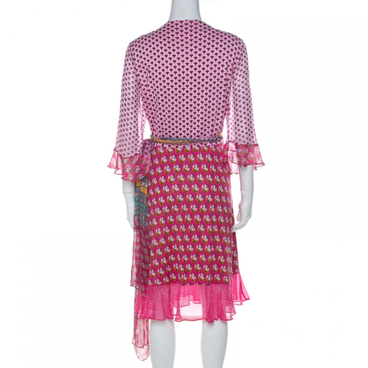 مملوكة مسبقًا Diane Von Furstenberg Pink Silk Jersey & Chiffon Floral Print Nieves Wrap Dress L