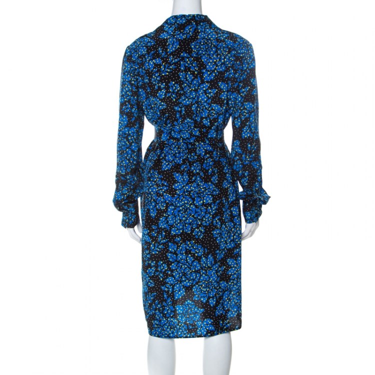 Pre Owned Diane von Furstenberg Black & Cobalt Blue Floral Print Silk Belted Shirt Dress L