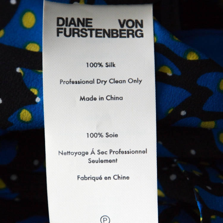 Pre Owned Diane von Furstenberg Black & Cobalt Blue Floral Print Silk Belted Shirt Dress L