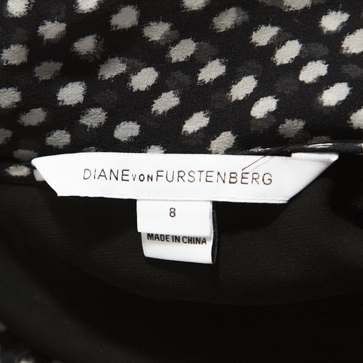 مملوكة مسبقًا Diane von Furstenberg Black Dot Print Silk Tie Neck Detail Arabella Dress M