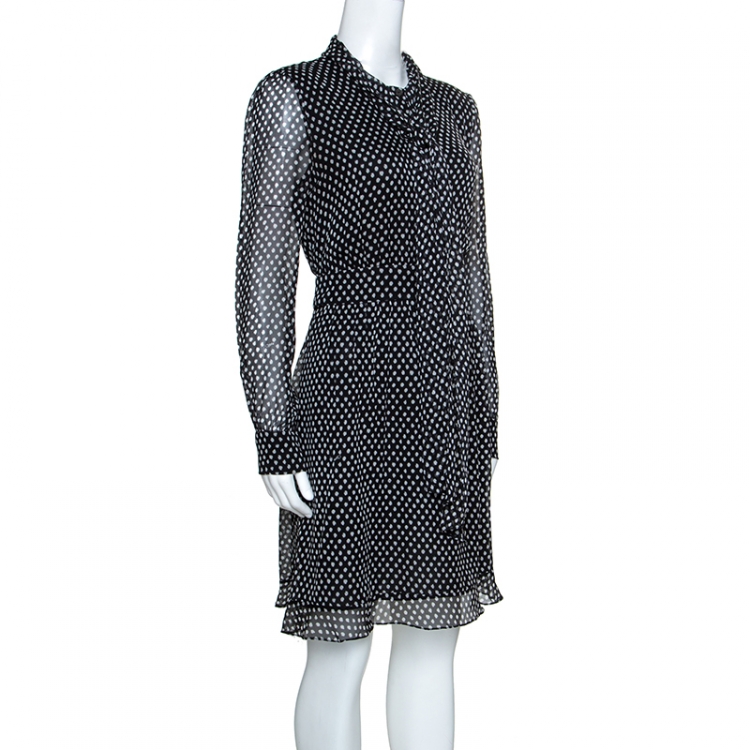 مملوكة مسبقًا Diane von Furstenberg Black Dot Print Silk Tie Neck Detail Arabella Dress M