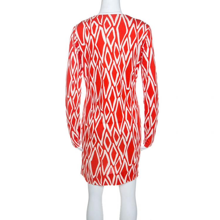 Pre Owned Diane Von Furstenberg Red Printed Silk Jersey Reina Tunic Dress L