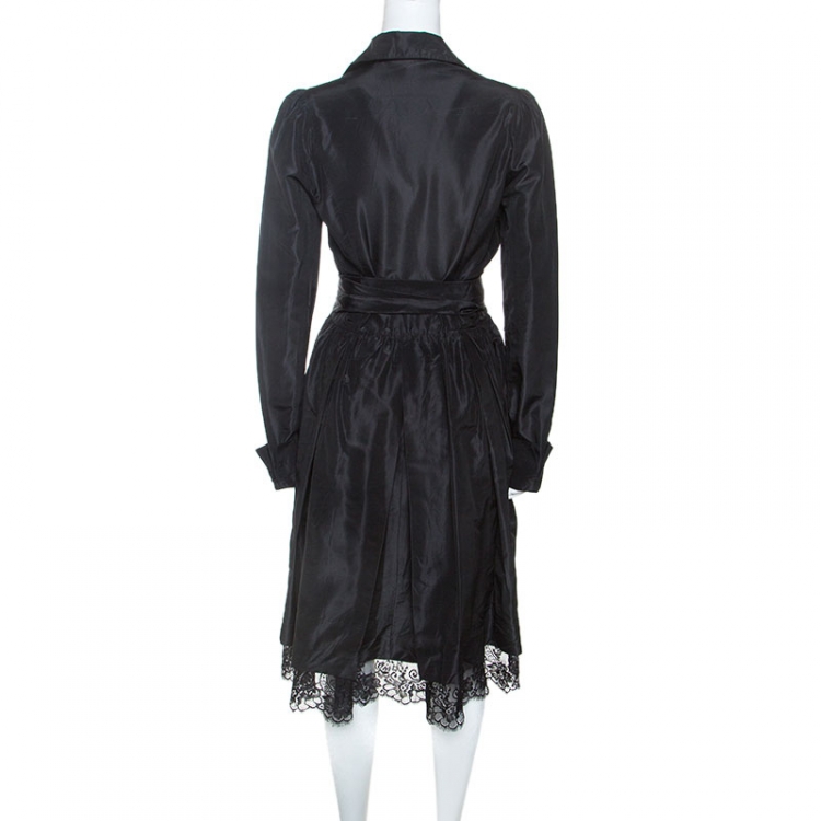 Pre Owned Diane Von Furstenberg Black Silk Taffeta Lace Trim Costa Wrap Dress M
