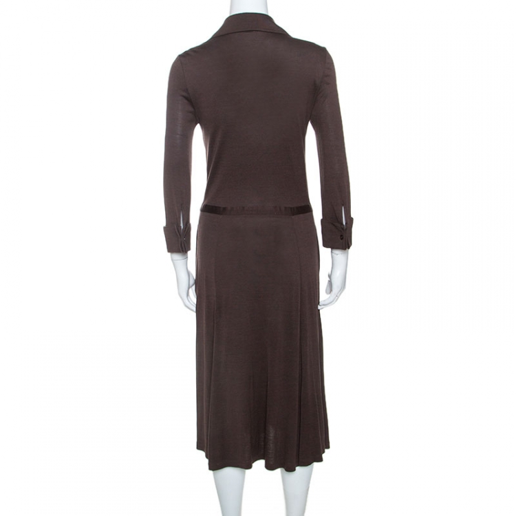 Pre Owned Diane Von Furstenberg Brown Jersey Tie Waist Eli Shirt Dress M