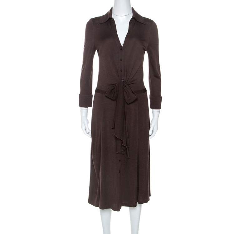 Pre Owned Diane Von Furstenberg Brown Jersey Tie Waist Eli Shirt Dress M