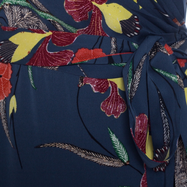 Pre Owned Diane Von Furstenberg Blue Floral Print Sleeveless Wrap Maxi Dress M