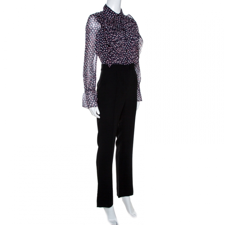 Pre Owned Diane von Furstenberg Black Printed Silk Ruffled Ariella Jumpsuit XS