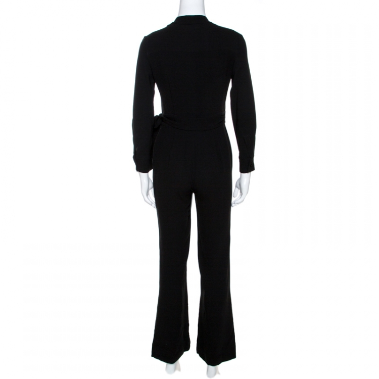 Pre Owned Diane Von Furstenberg Black Crepe Belted Jumpsuit XS 