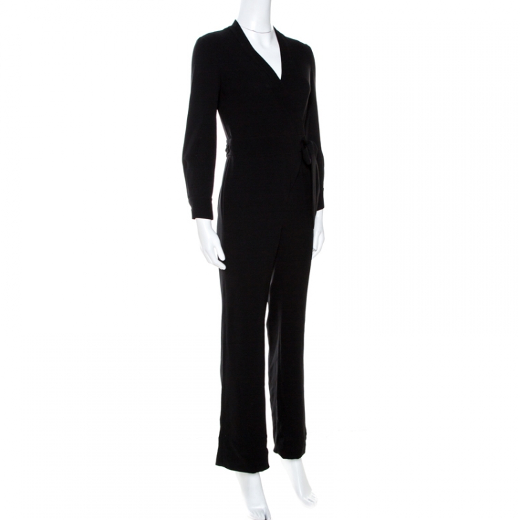 Pre Owned Diane Von Furstenberg Black Crepe Belted Jumpsuit XS 