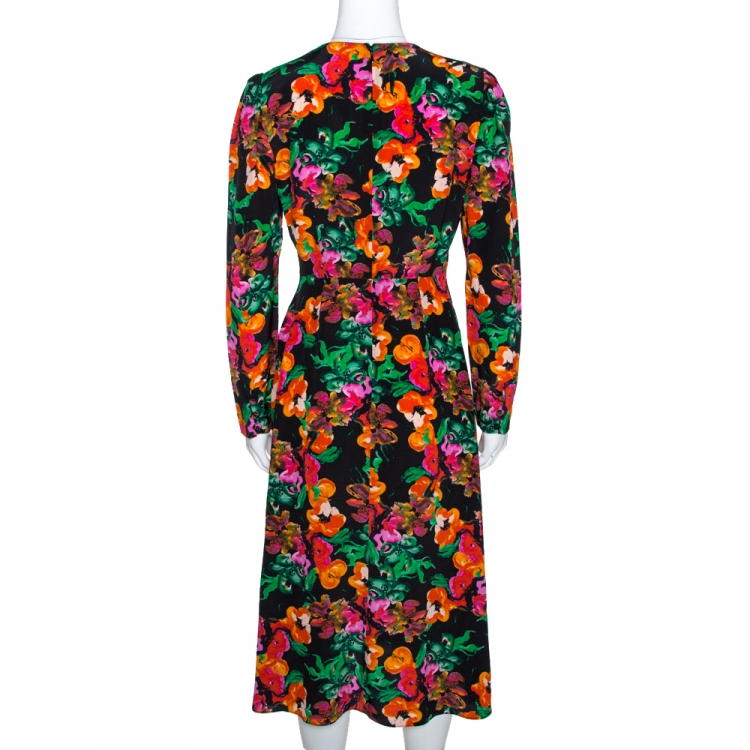 Pre Owned Diane von Furstenberg Black Floral Print Silk Midi Dress M