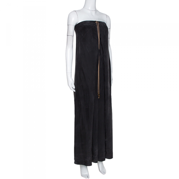 Pre Owned Diane Von Frustenberg Black Coated Silk Strapless Maxi Dress M
