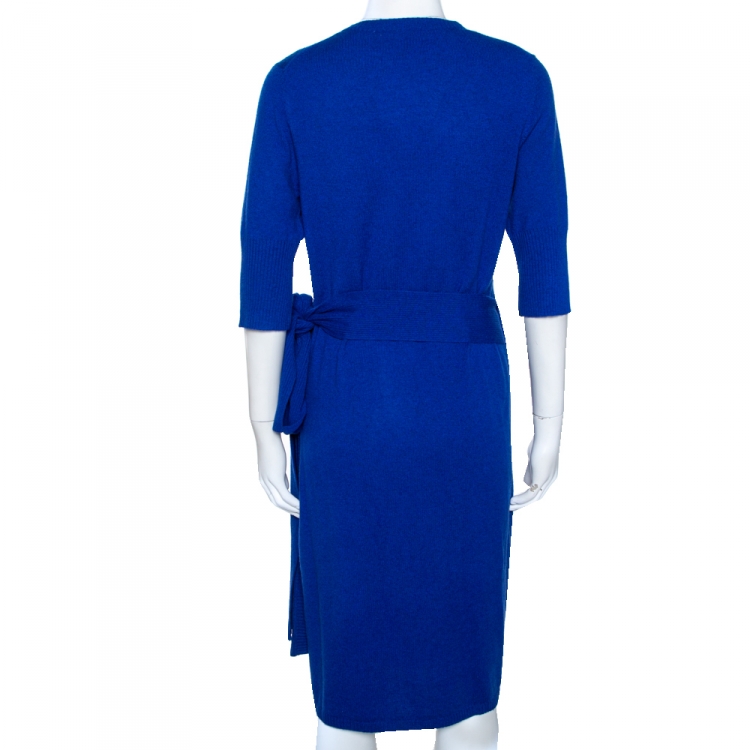 Pre Owned Diane Von Furstenberg Blue Cashmere Coen Wrap Dress L