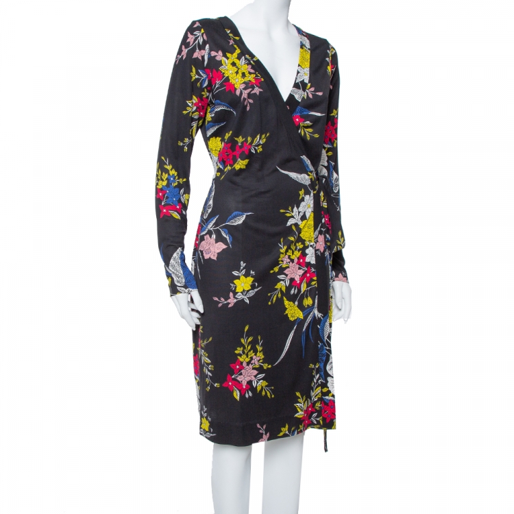 Pre Owned Diane Von Furstenberg Black Floral Printed Silk Camden Wrap Dress M