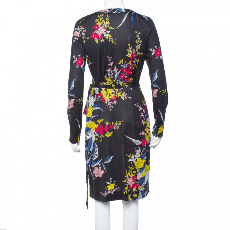 Pre Owned Diane Von Furstenberg Black Floral Printed Silk Camden Wrap Dress M