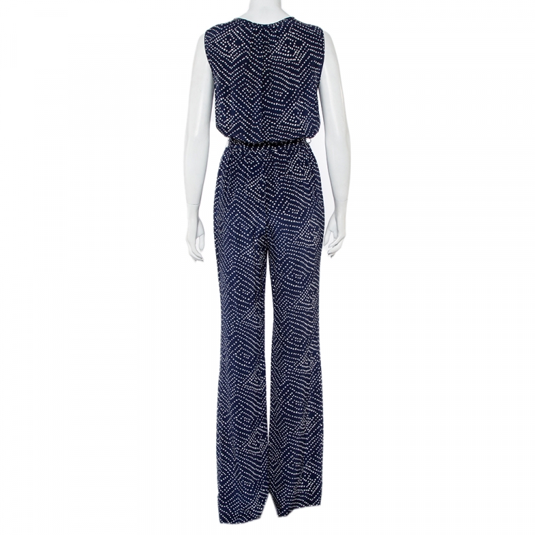 Pre Owned Diane Von Furstenberg Navy Blue and White Dotted Silk Belted Eva Jumpsuit M