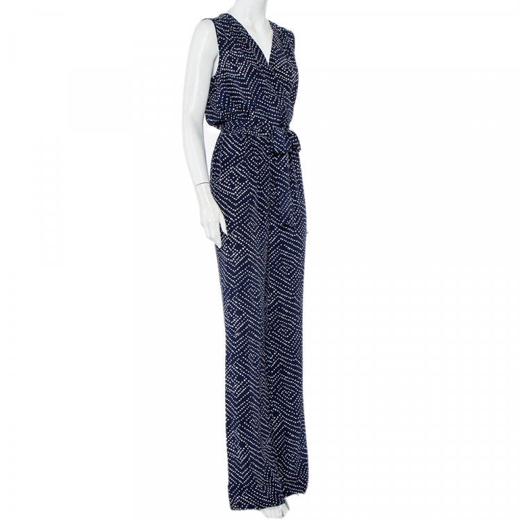 Pre Owned Diane Von Furstenberg Navy Blue and White Dotted Silk Belted Eva Jumpsuit M