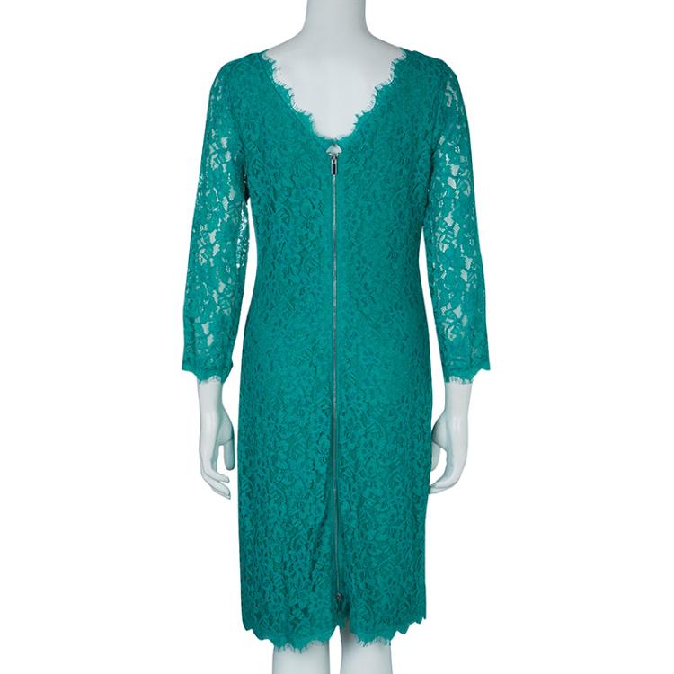 Pre Owned Diane Von Furstenberg Turquoise Lace Long Sleeve Zarita Dress L
