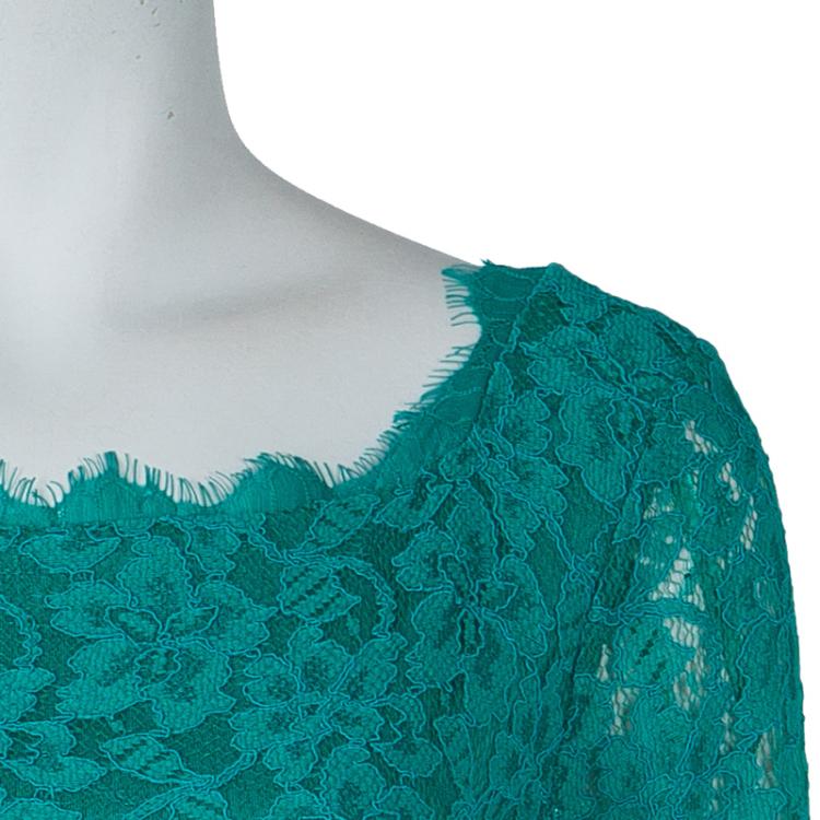 Pre Owned Diane Von Furstenberg Turquoise Lace Long Sleeve Zarita Dress L