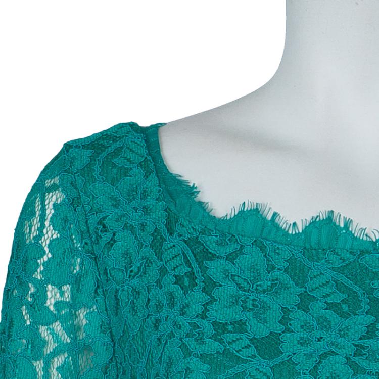 Pre Owned Diane Von Furstenberg Turquoise Lace Long Sleeve Zarita Dress L
