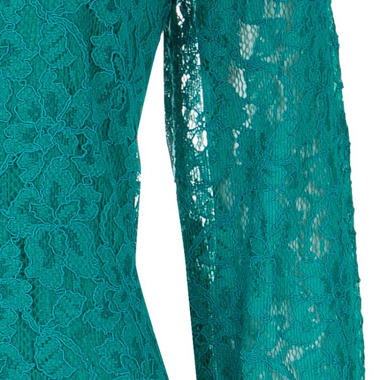 Pre Owned Diane Von Furstenberg Turquoise Lace Long Sleeve Zarita Dress L