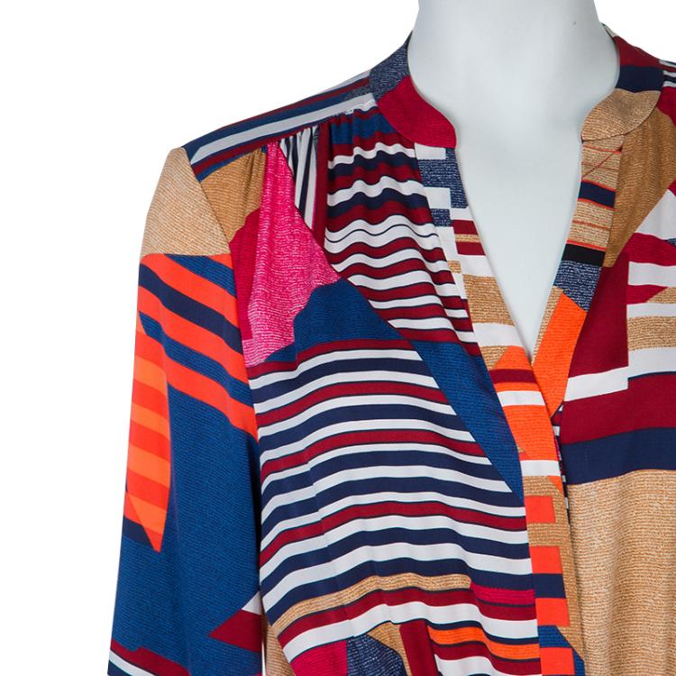 Pre Owned Diane Von Furstenberg Multicolor Geometric Print Silk Freya Dress L