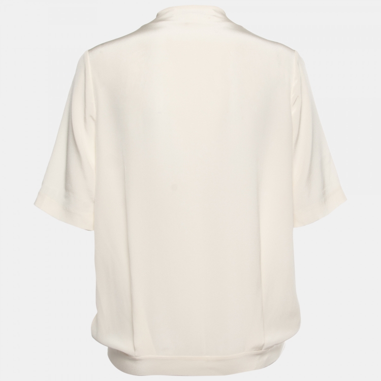 Pre Owned Diane Von Furstenberg Off White Silk Crepe Short Sleeve Blouse M