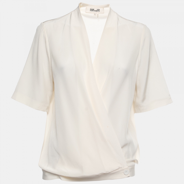 Pre Owned Diane Von Furstenberg Off White Silk Crepe Short Sleeve Blouse M