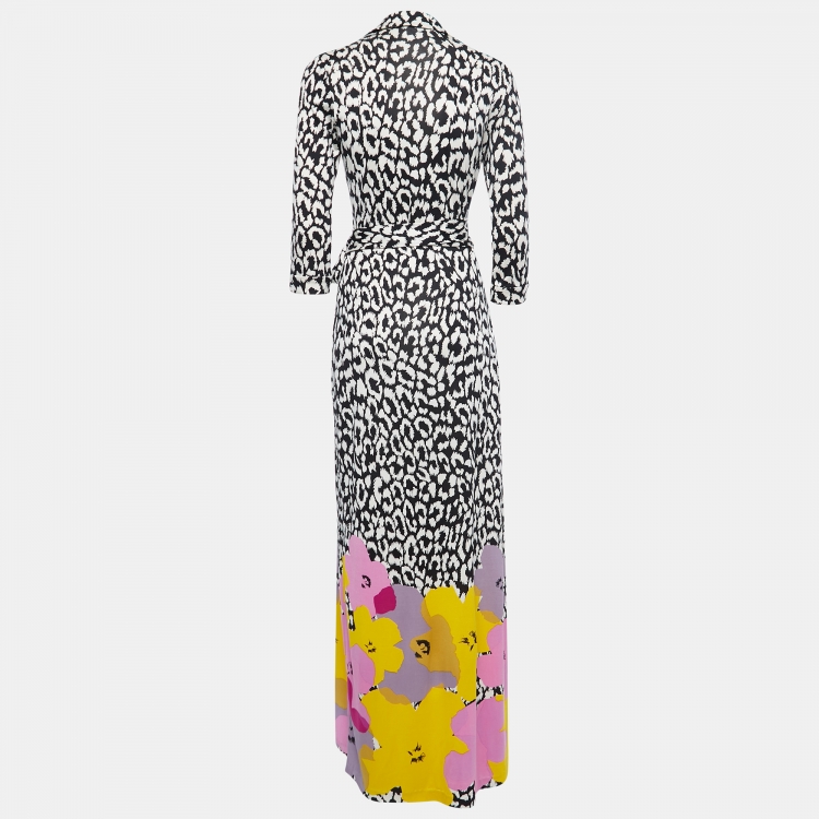 Pre Owned Diane Von Furstenberg Black & White Printed Jersey Silk Wrap Dress M
