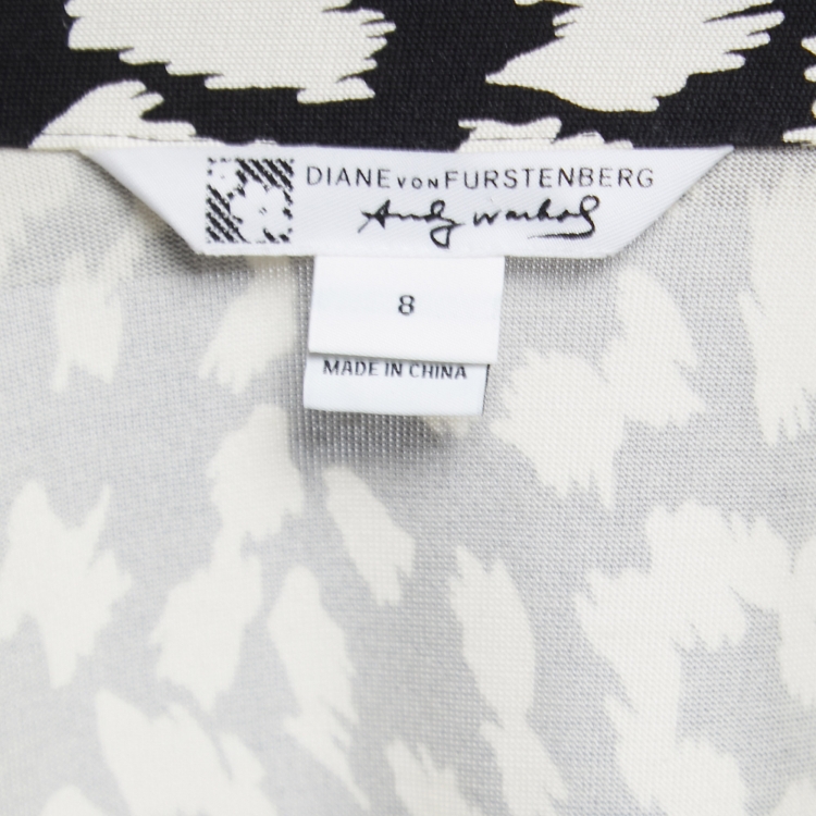 Pre Owned Diane Von Furstenberg Black & White Printed Jersey Silk Wrap Dress M