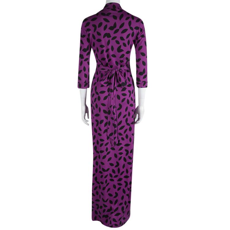 مملوكة مسبقًا Diane Von Furstenberg Purple Leaf Pattern Abigail Vintage Wrap Dress S
