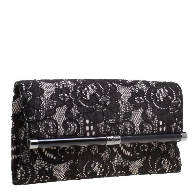 Pre Owned Diane Von Furstenberg Black Lace Envelope Clutch