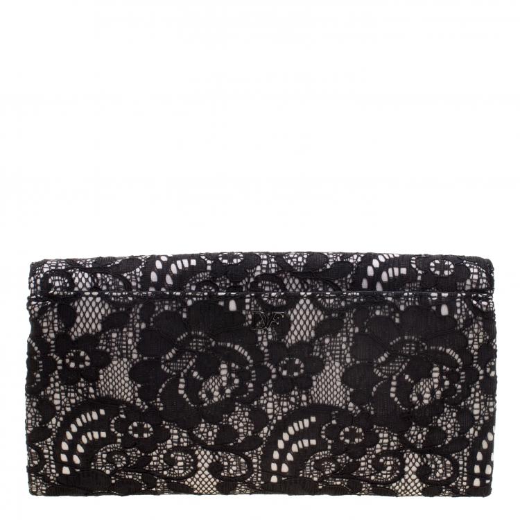 Pre Owned Diane Von Furstenberg Black Lace Envelope Clutch