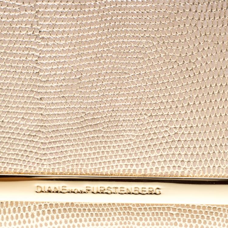 Pre Owned Diane Von Furstenberg Gold Lizard Embossed Leather Soiree Clutch