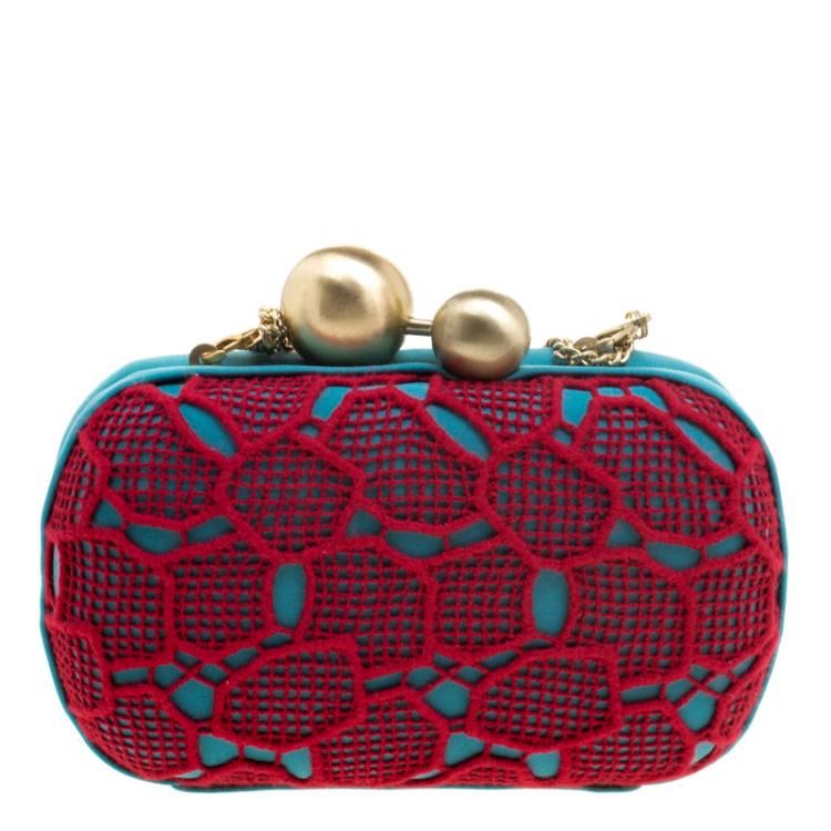 Pre Owned Diane Von Furstenberg Red/Teal Lace Sphere Minaudiere Clutch