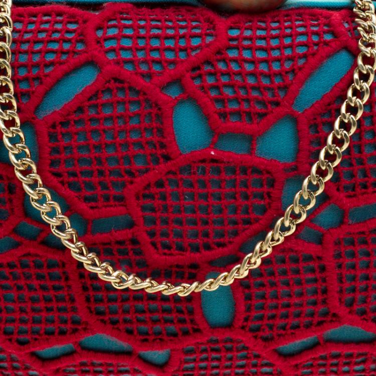 Pre Owned Diane Von Furstenberg Red/Teal Lace Sphere Minaudiere Clutch